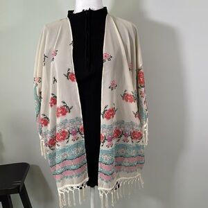 Floral Kimono Cardigan with Fringe